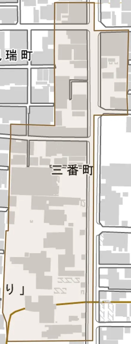 三番町とその周辺の地図。町の範囲を重ねている