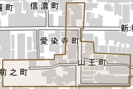 山王町とその周辺の地図。町の範囲を重ねている
