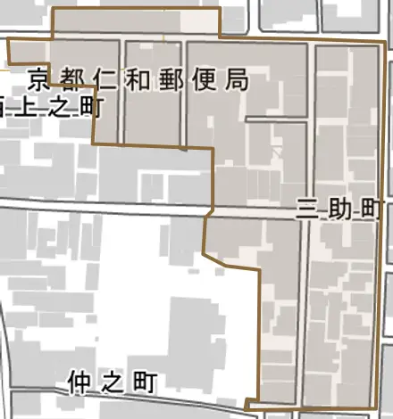 三助町とその周辺の地図。町の範囲を重ねている