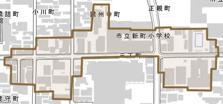 三丁町とその周辺の地図。町の範囲を重ねている