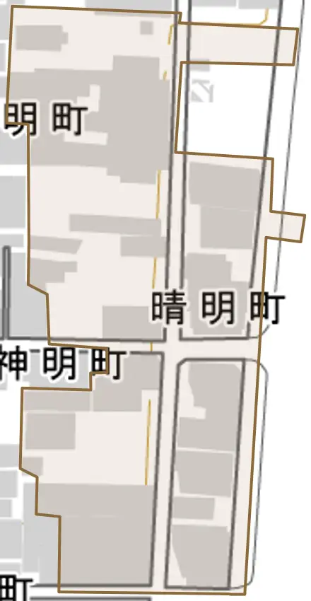 晴明町とその周辺の地図。町の範囲を重ねている