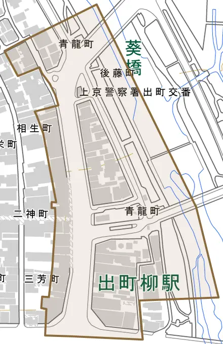 青龍町とその周辺の地図。町の範囲を重ねている