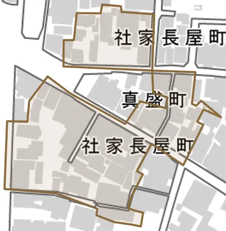 社家長屋町とその周辺の地図。町の範囲を重ねている