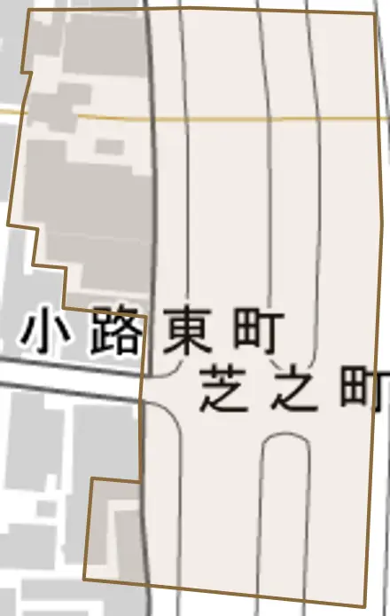 芝之町とその周辺の地図。町の範囲を重ねている