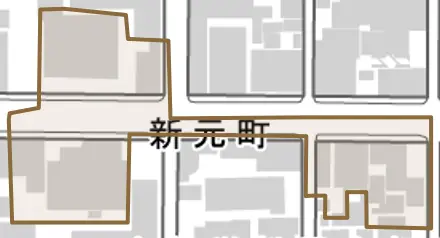 新元町とその周辺の地図。町の範囲を重ねている