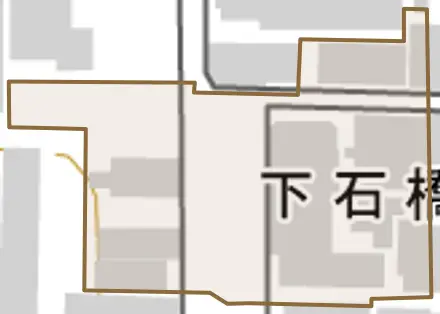 下石橋町とその周辺の地図。町の範囲を重ねている