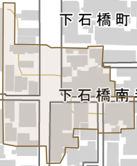 下石橋南半町とその周辺の地図。町の範囲を重ねている