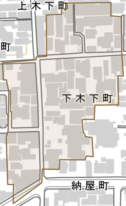 下木下町とその周辺の地図。町の範囲を重ねている