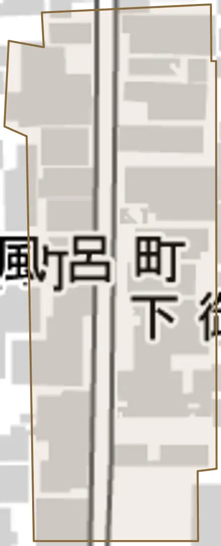 下御輿町とその周辺の地図。町の範囲を重ねている