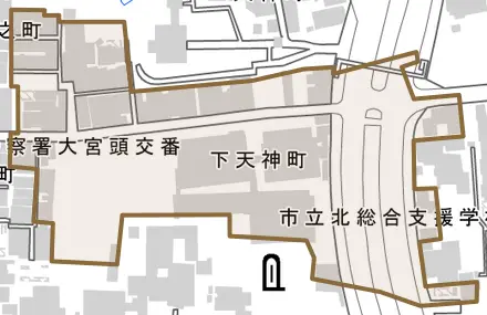 下天神町とその周辺の地図。町の範囲を重ねている