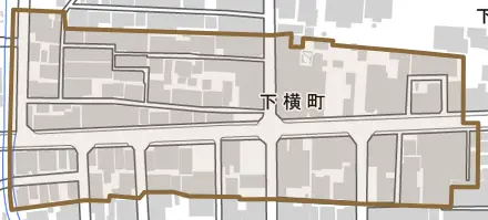 下横町とその周辺の地図。町の範囲を重ねている