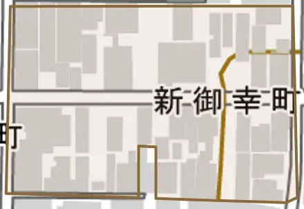 新御幸町とその周辺の地図。町の範囲を重ねている