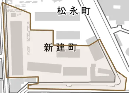 新建町とその周辺の地図。町の範囲を重ねている