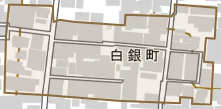 白銀町とその周辺の地図。町の範囲を重ねている