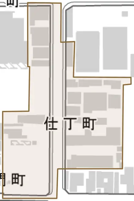 仕丁町とその周辺の地図。町の範囲を重ねている