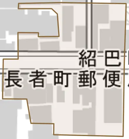紹巴町とその周辺の地図。町の範囲を重ねている