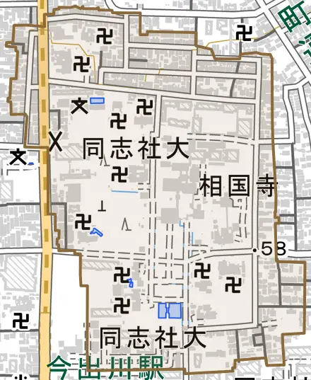 相国寺門前町とその周辺の地図。町の範囲を重ねている