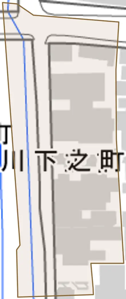 主計町とその周辺の地図。町の範囲を重ねている