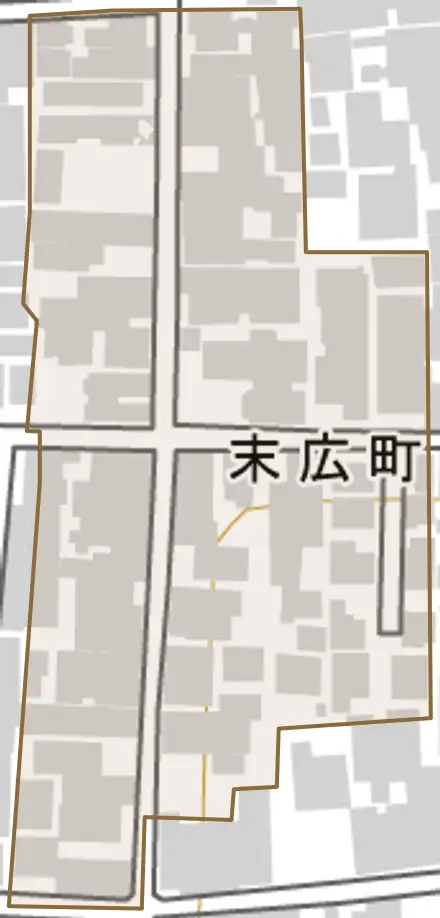 末広町とその周辺の地図。町の範囲を重ねている