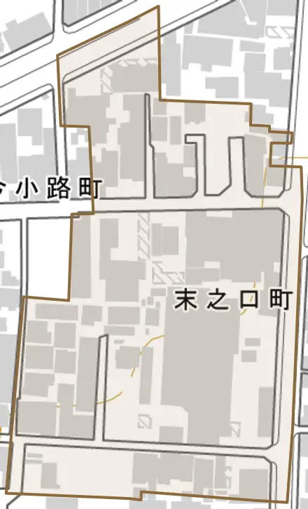 末之口町とその周辺の地図。町の範囲を重ねている