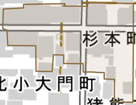 杉本町とその周辺の地図。町の範囲を重ねている