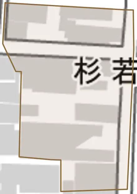 杉若町とその周辺の地図。町の範囲を重ねている
