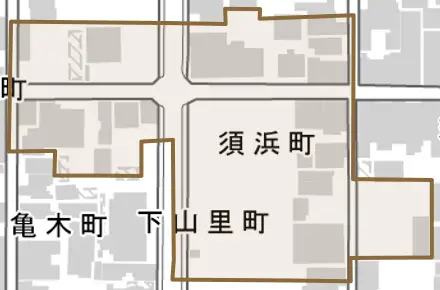 須浜町とその周辺の地図。町の範囲を重ねている