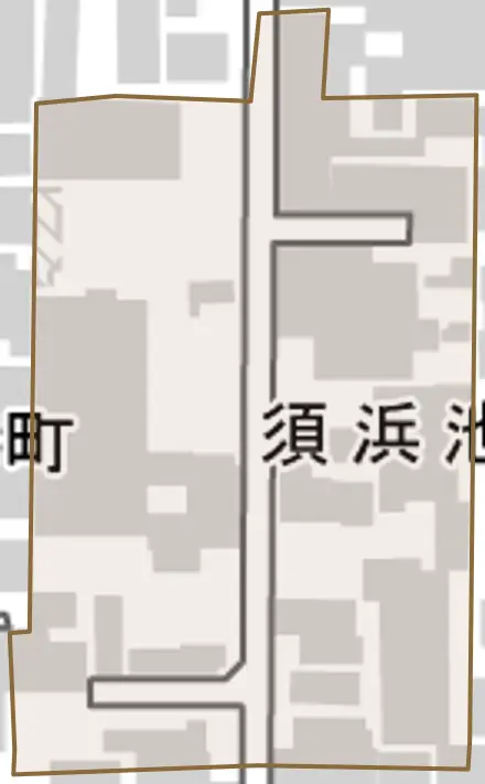 須浜池町とその周辺の地図。町の範囲を重ねている