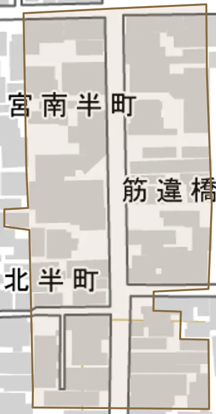 筋違橋町とその周辺の地図。町の範囲を重ねている