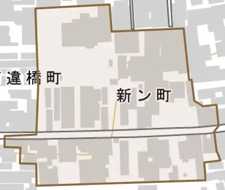 新ン町とその周辺の地図。町の範囲を重ねている