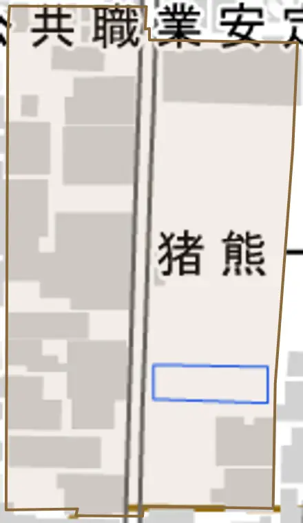 猪熊一丁目とその周辺の地図。町の範囲を重ねている