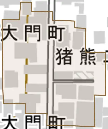猪熊二丁目とその周辺の地図。町の範囲を重ねている