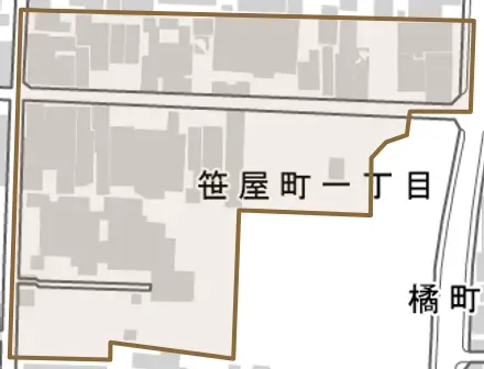 笹屋町一丁目とその周辺の地図。町の範囲を重ねている