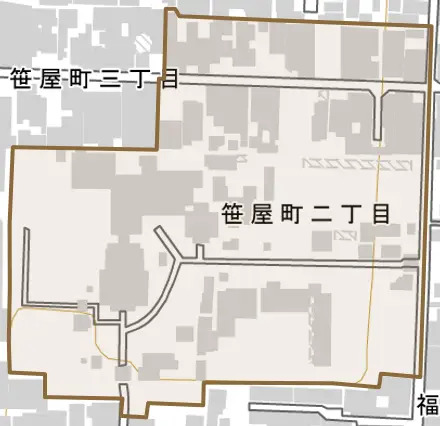 笹屋町二丁目とその周辺の地図。町の範囲を重ねている