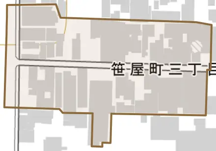 笹屋町三丁目とその周辺の地図。町の範囲を重ねている
