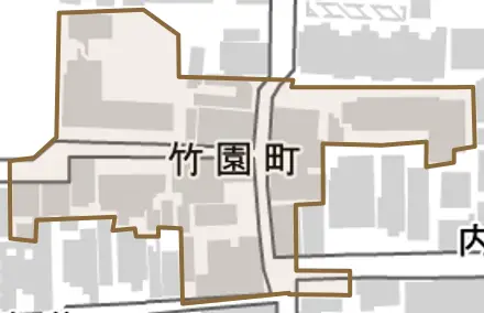 竹園町とその周辺の地図。町の範囲を重ねている