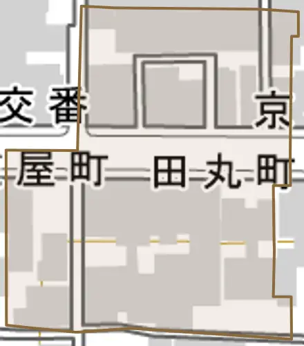 田丸町とその周辺の地図。町の範囲を重ねている