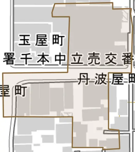 丹波屋町とその周辺の地図。町の範囲を重ねている