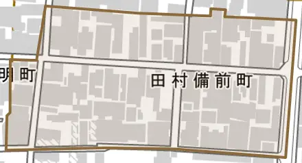 田村備前町とその周辺の地図。町の範囲を重ねている