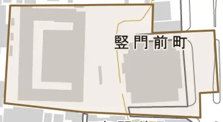 竪門前町とその周辺の地図。町の範囲を重ねている