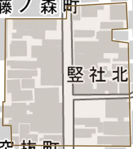 竪社北半町とその周辺の地図。町の範囲を重ねている