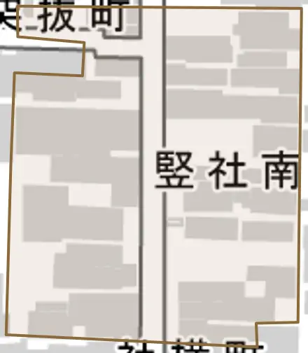 竪社南半町とその周辺の地図。町の範囲を重ねている