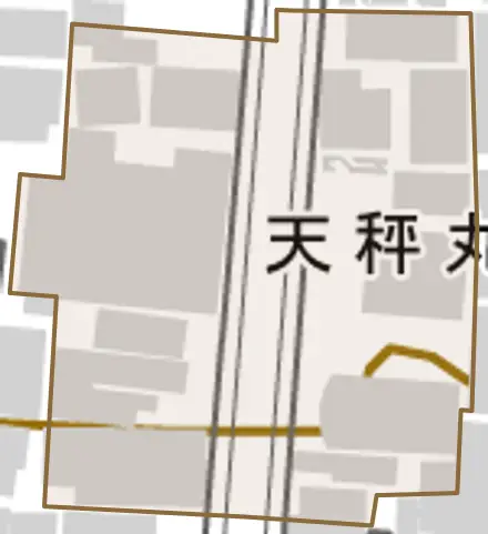 天秤丸町とその周辺の地図。町の範囲を重ねている