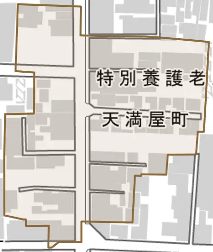 天満屋町とその周辺の地図。町の範囲を重ねている