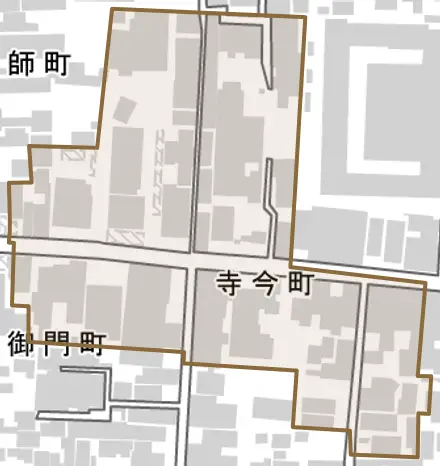 寺今町とその周辺の地図。町の範囲を重ねている