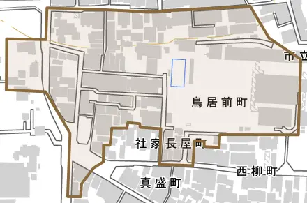 鳥居前町とその周辺の地図。町の範囲を重ねている