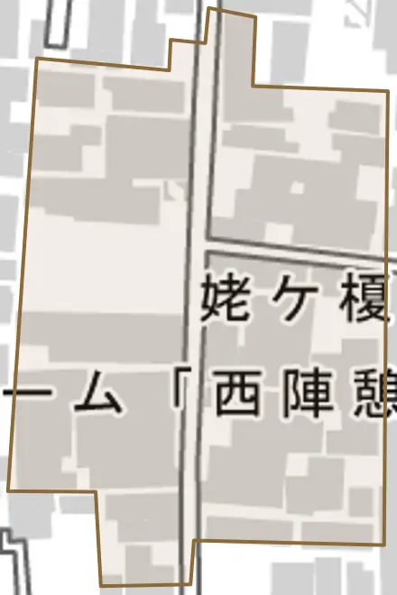 姥ケ榎木町とその周辺の地図。町の範囲を重ねている