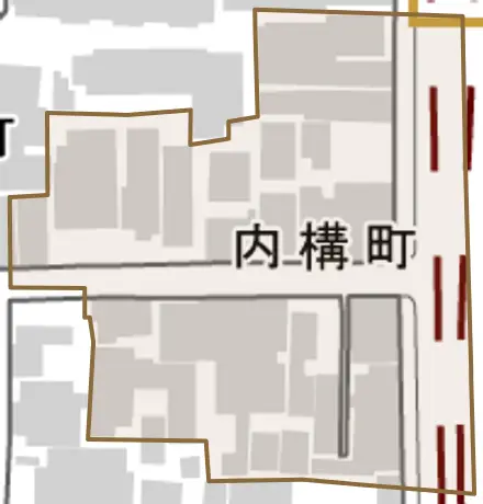 内構町とその周辺の地図。町の範囲を重ねている