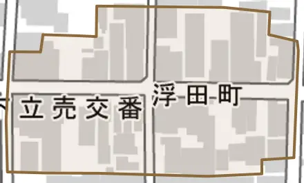 浮田町とその周辺の地図。町の範囲を重ねている
