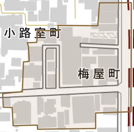 梅屋町とその周辺の地図。町の範囲を重ねている